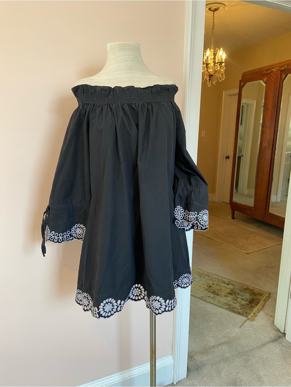 Gracia Black Cotton Shirred Off the Shoulder Dress with White Embroidery M